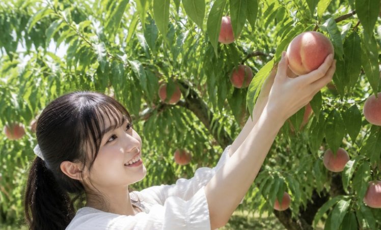 桃畑で枝に実った桃を手に取る様子